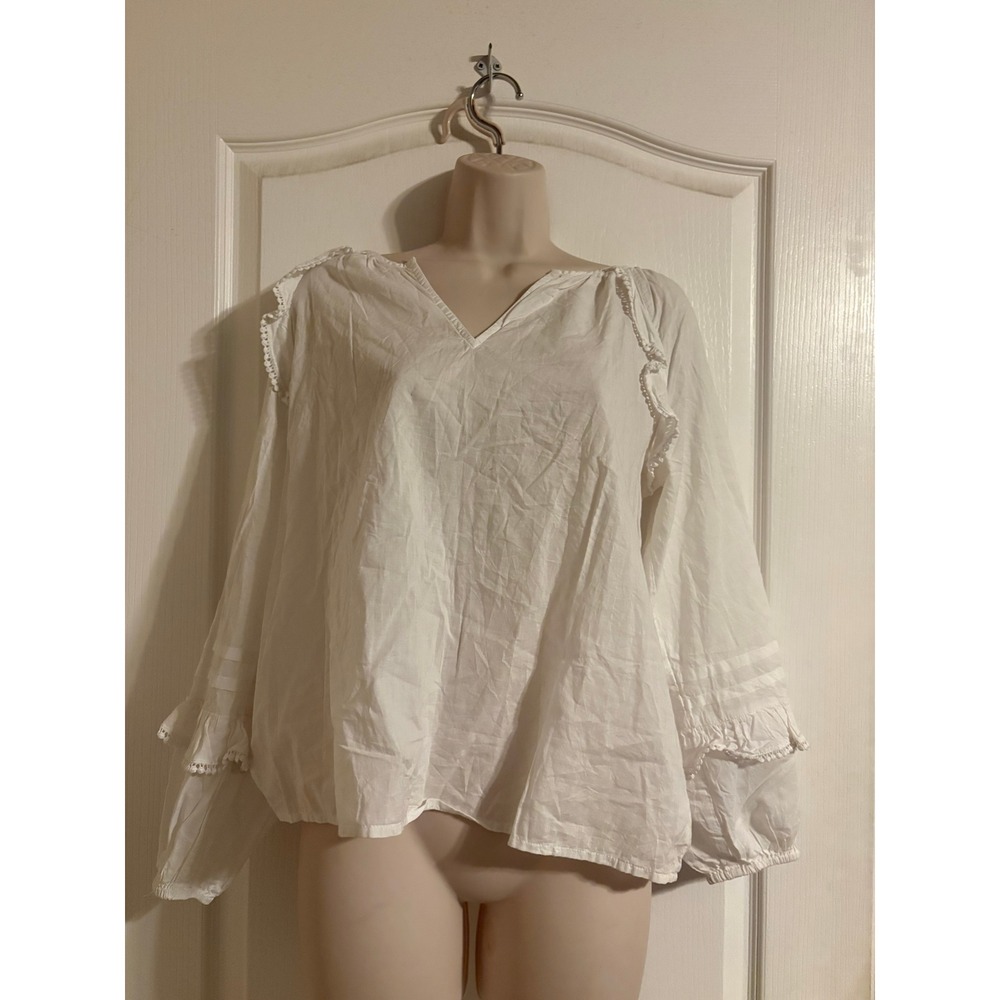 J.Crew Re-Imagined White Cotton Ruffle V-Neck Blouse XS Boho Pintuck Long Sleeve